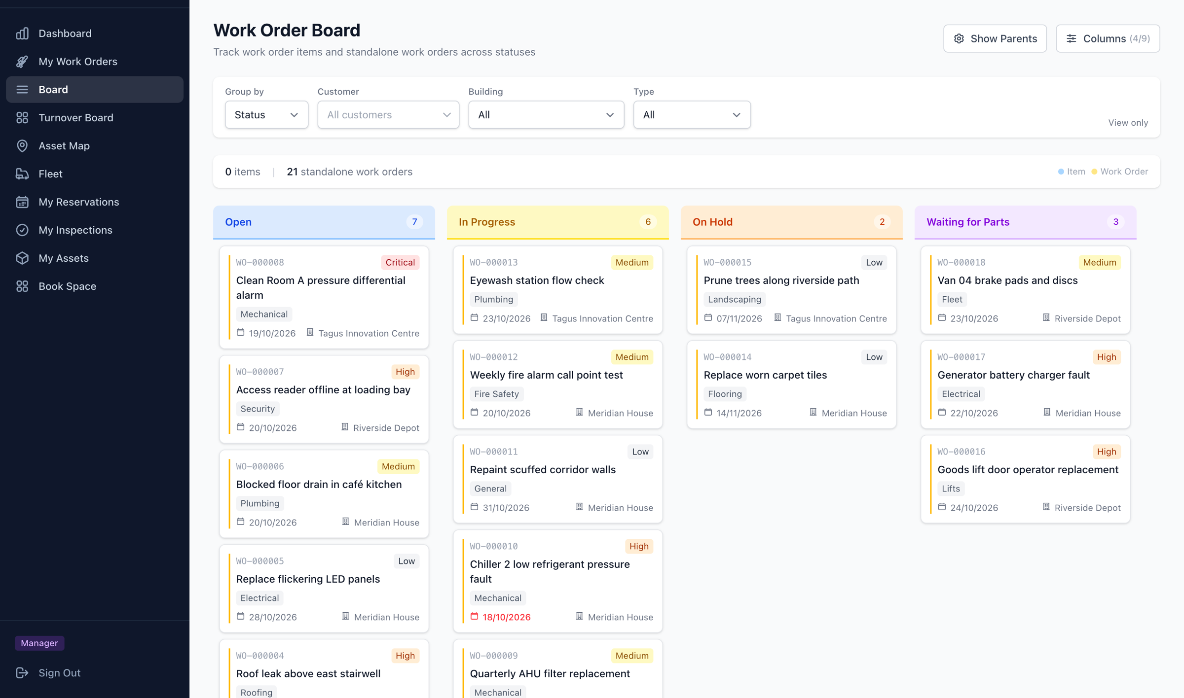 Campus work order board with Open, In Progress, On Hold and Waiting for Parts columns, each card showing a maintenance job with priority, category, due date and building.