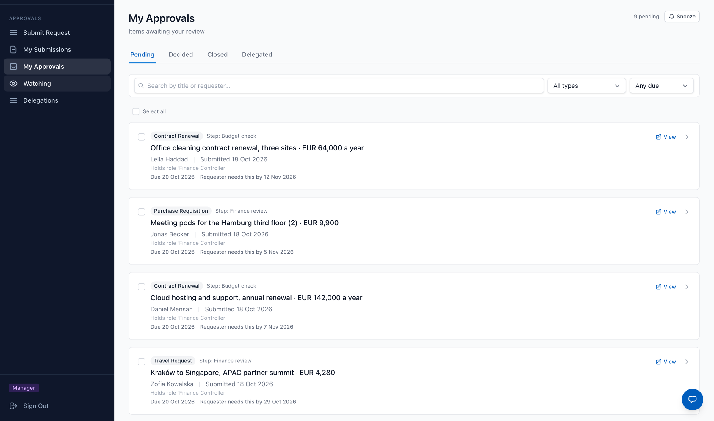 Relay approvals inbox listing pending contract renewals, a purchase requisition and a travel request, each with its approval step, requester, amount and due date.